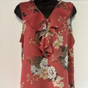 Tempted Los Angeles L Ruffle Plunging V Neck Zip Cottagecore Floral Coral Pink